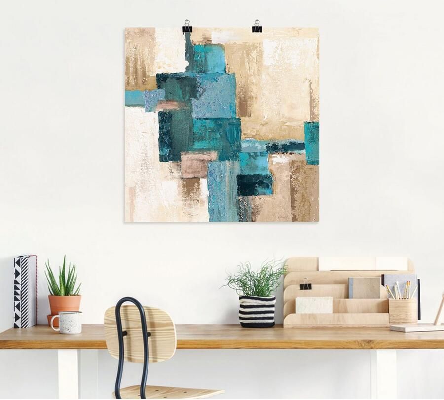 Artland Artprint Abstracte ruiten beige-turquoise als artprint op linnen poster in verschillende formaten maten