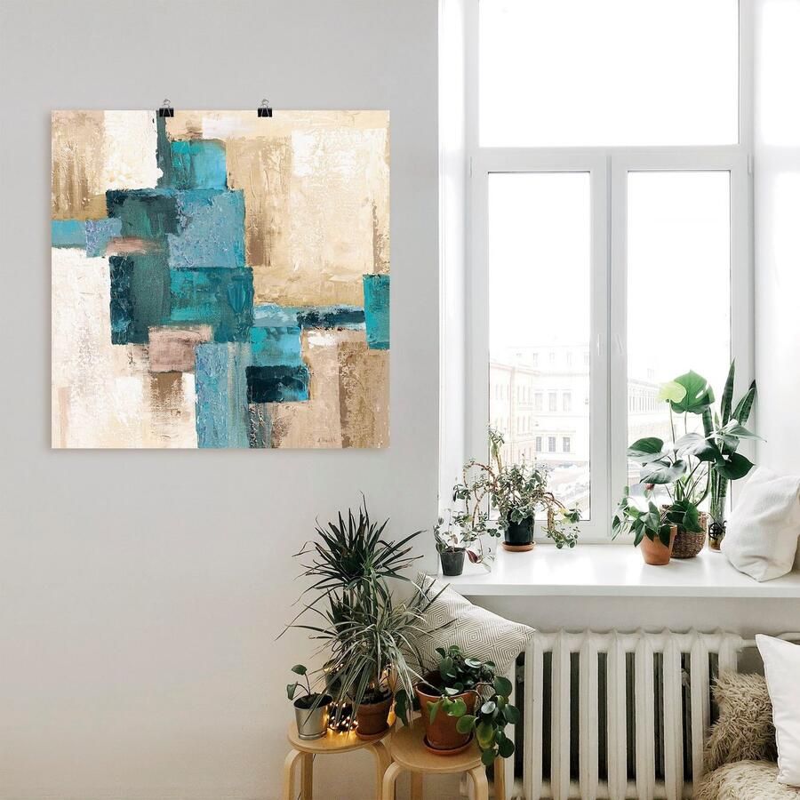 Artland Artprint Abstracte ruiten beige-turquoise als artprint op linnen poster in verschillende formaten maten - Foto 2