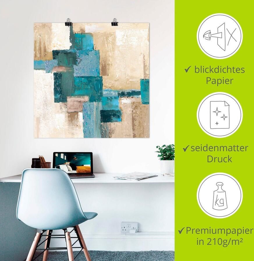 Artland Artprint Abstracte ruiten beige-turquoise als artprint van aluminium artprint voor buiten artprint op linnen poster in verschillende maten. maten - Foto 3