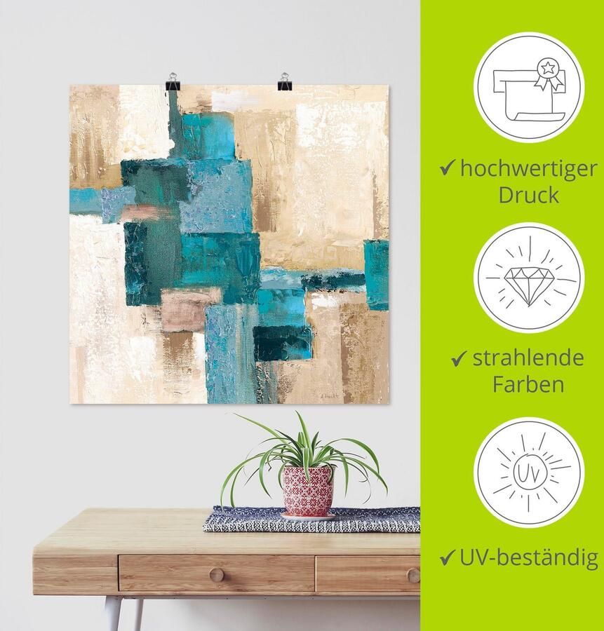 Artland Artprint Abstracte ruiten beige-turquoise als artprint van aluminium artprint voor buiten artprint op linnen poster in verschillende maten. maten - Foto 4