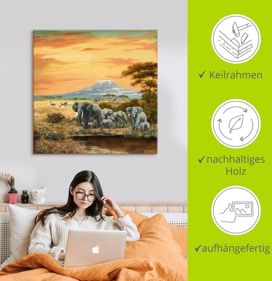 Artland Artprint Afrikaans landschap met olifanten als artprint op linnen poster in verschillende formaten maten - Foto 2