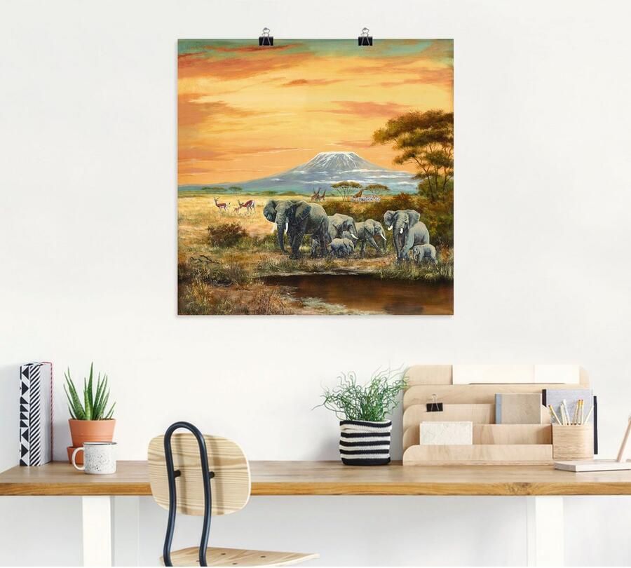 Artland Artprint Afrikaans landschap met olifanten als artprint op linnen poster in verschillende formaten maten - Foto 4