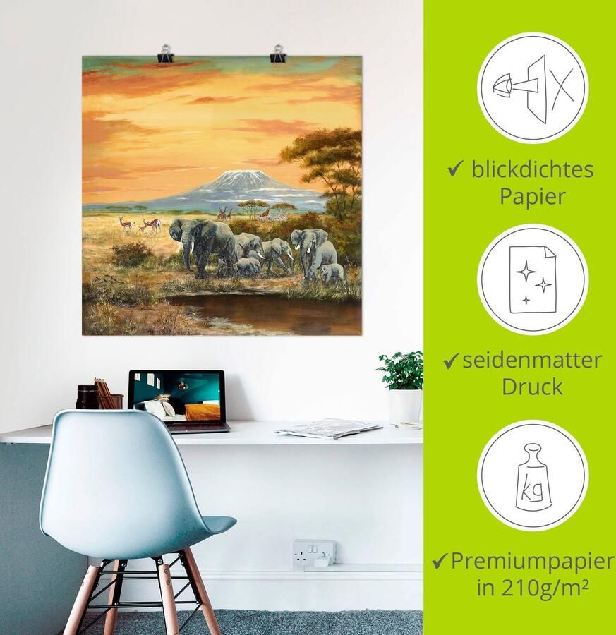 Artland Artprint Afrikaans landschap met olifanten als artprint op linnen poster in verschillende formaten maten - Foto 2