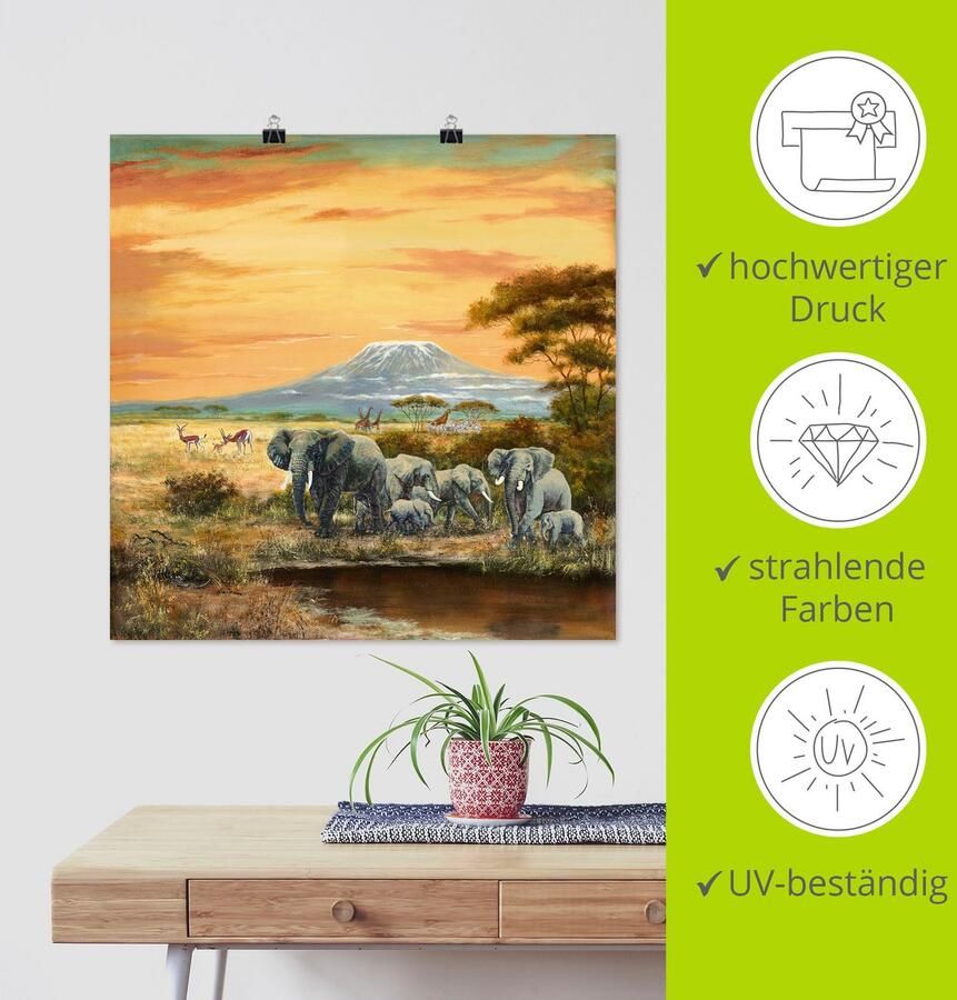 Artland Artprint Afrikaans landschap met olifanten als artprint op linnen poster in verschillende formaten maten - Foto 3