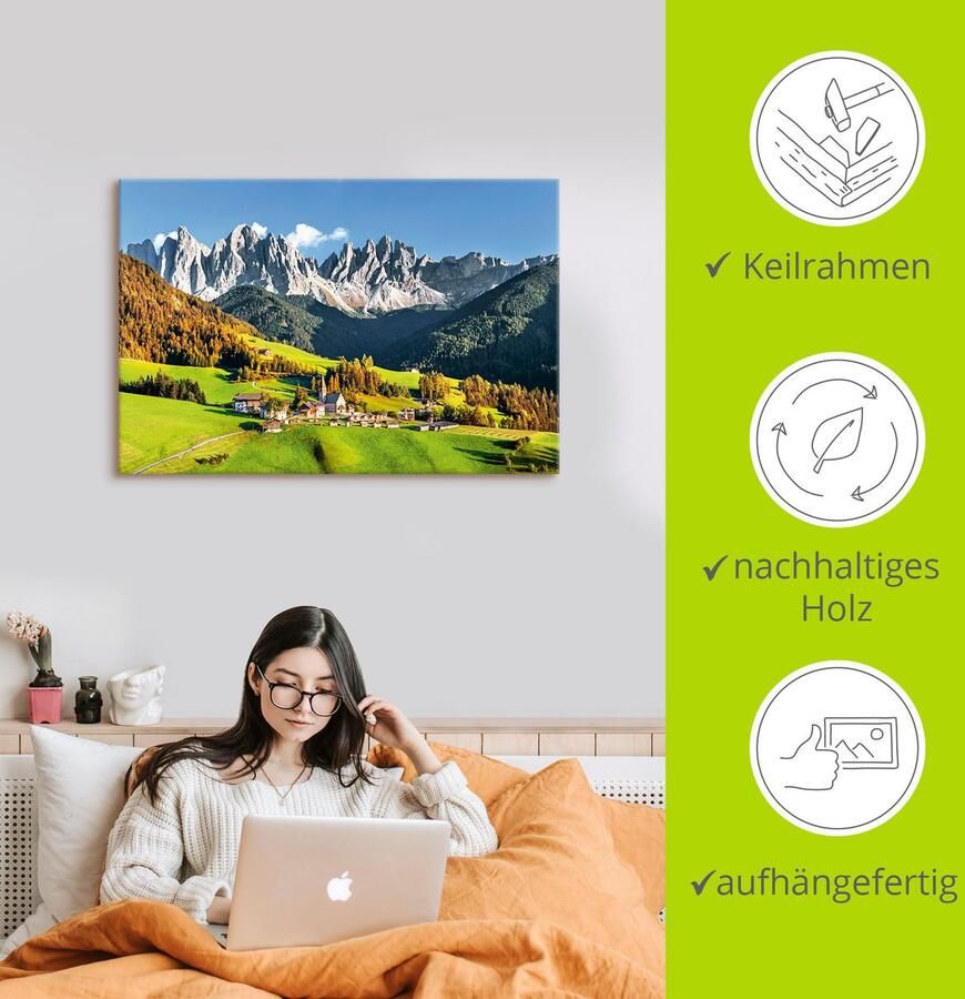 Artland Artprint Alpen bergen Santa Maddalena als artprint van aluminium artprint voor buiten artprint op linnen poster in verschillende maten. maten - Foto 2