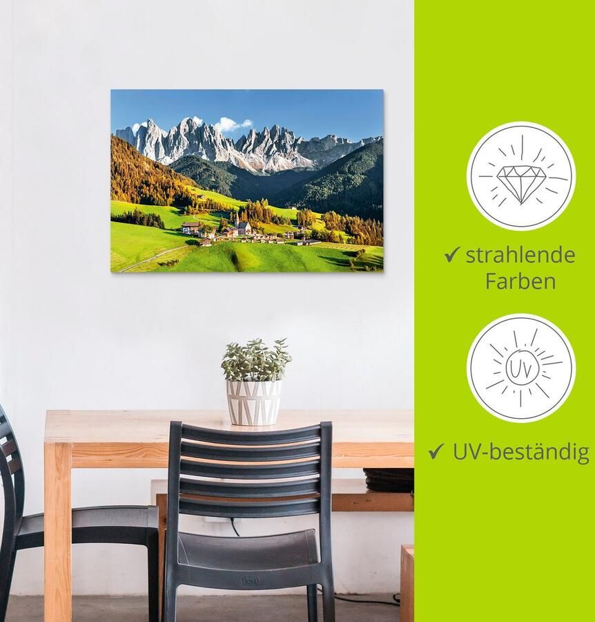 Artland Artprint Alpen bergen Santa Maddalena als artprint van aluminium artprint voor buiten artprint op linnen poster in verschillende maten. maten - Foto 2