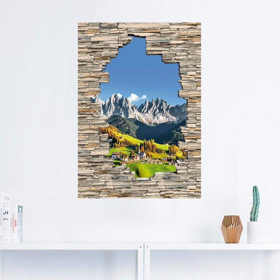Artland Artprint Alpen bergen Santa Maddalena stenen muur als artprint van aluminium artprint voor buiten muursticker in diverse maten