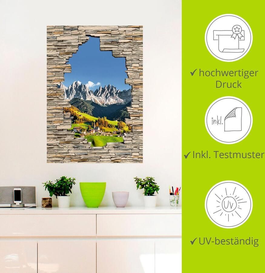 Artland Artprint Alpen bergen Santa Maddalena stenen muur als artprint van aluminium artprint voor buiten muursticker in diverse maten - Foto 3