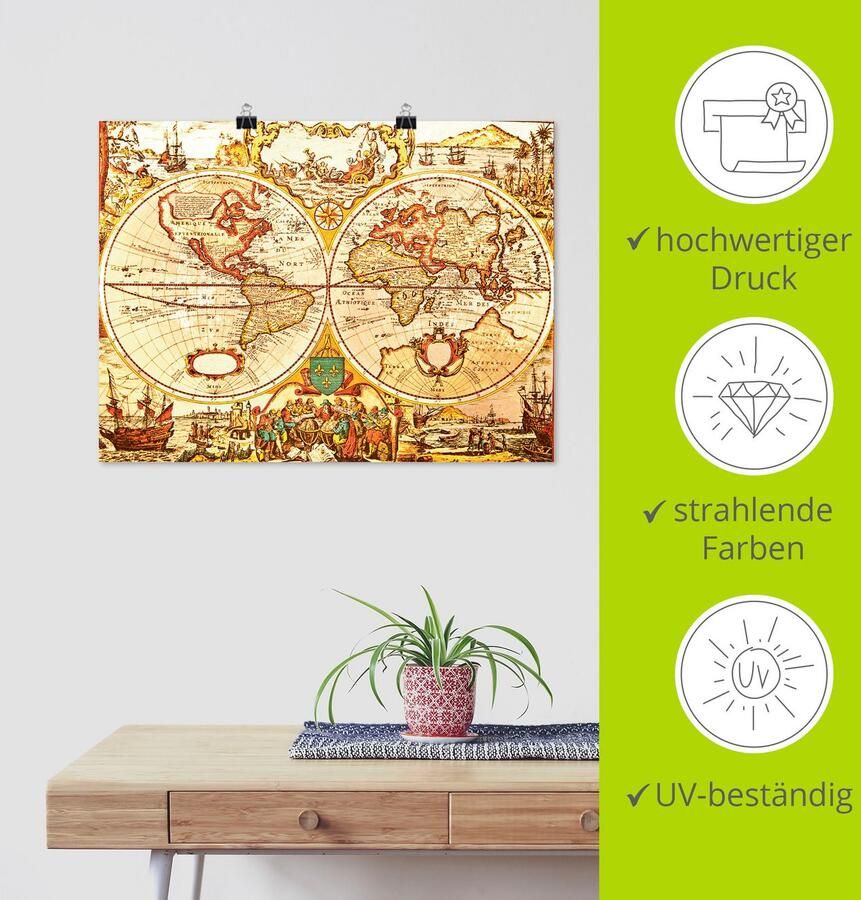 Artland Artprint Antieke wereldkaart als artprint van aluminium artprint voor buiten artprint op linnen poster muursticker - Foto 5