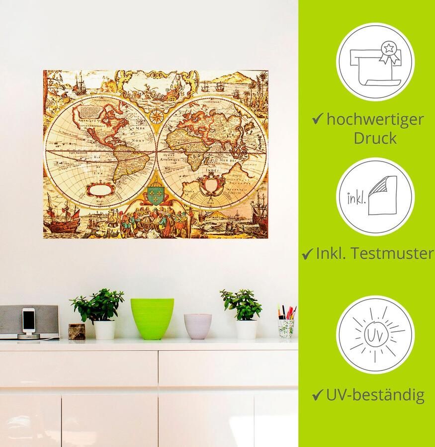 Artland Artprint Antieke wereldkaart als artprint van aluminium artprint voor buiten artprint op linnen poster muursticker - Foto 3