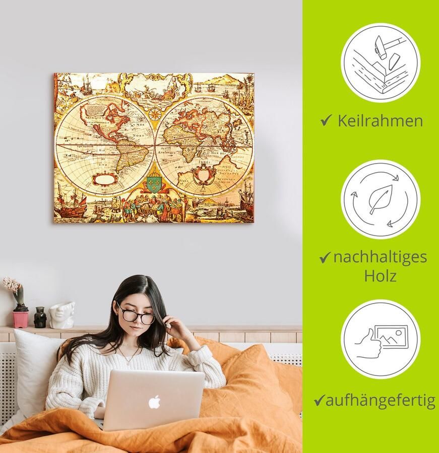 Artland Artprint Antieke wereldkaart als artprint van aluminium artprint voor buiten artprint op linnen poster muursticker - Foto 3