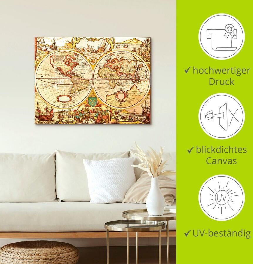 Artland Artprint Antieke wereldkaart als artprint van aluminium artprint voor buiten artprint op linnen poster muursticker - Foto 4