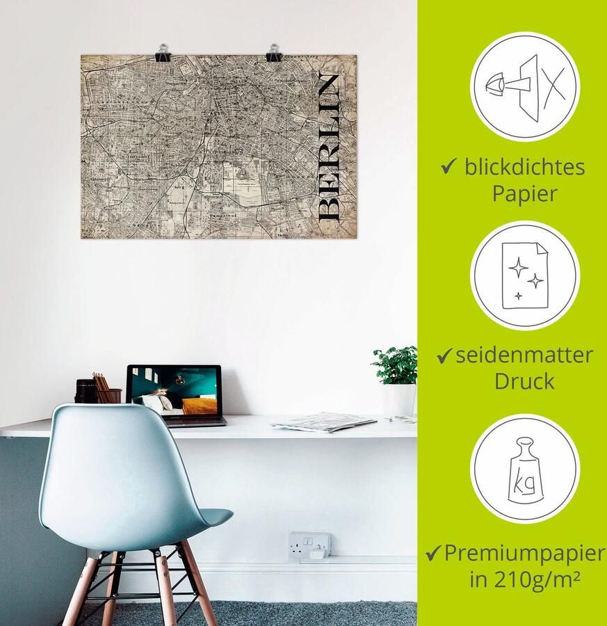 Artland Artprint Berlijn kaart straten kaart Grunge als artprint van aluminium artprint voor buiten artprint op linnen poster in verschillende maten. maten - Foto 2