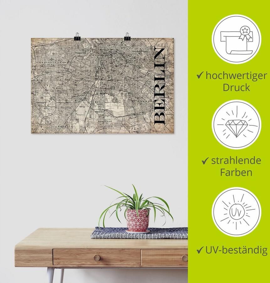 Artland Artprint Berlijn kaart straten kaart Grunge als artprint van aluminium artprint voor buiten artprint op linnen poster in verschillende maten. maten - Foto 3