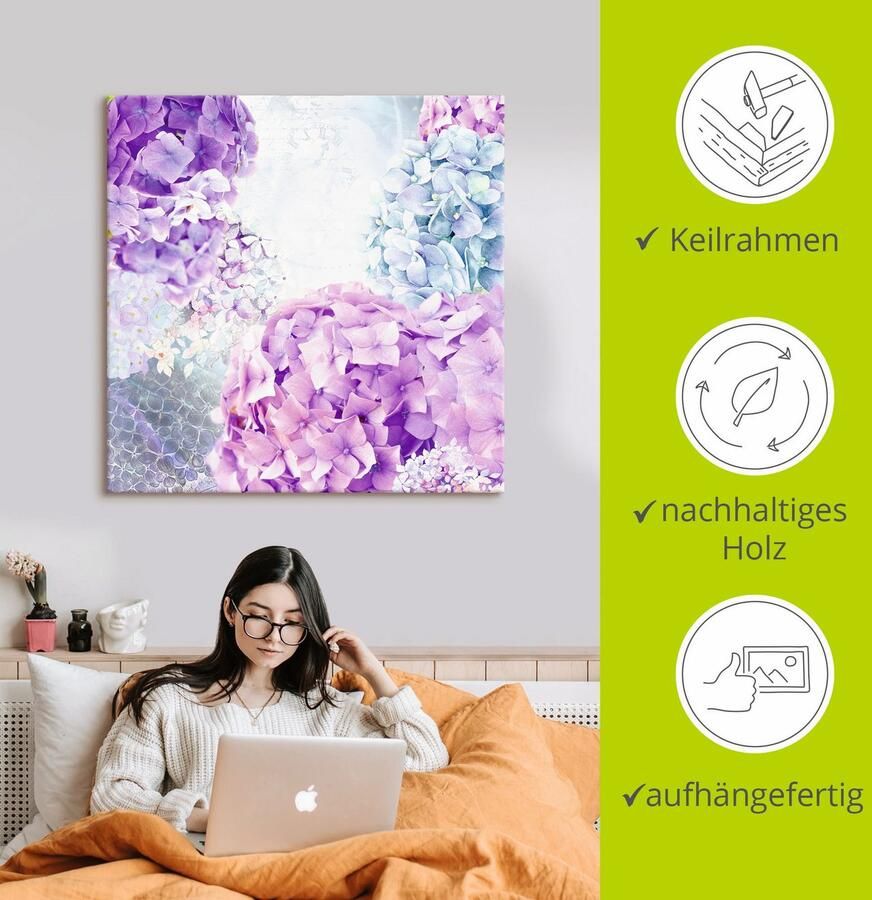 Artland Artprint Blauw en pink hortensia als artprint op linnen muursticker in verschillende maten