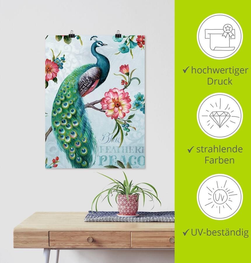 Artland Artprint Blauw gevederde pauw als artprint op linnen poster muursticker in verschillende maten - Foto 2