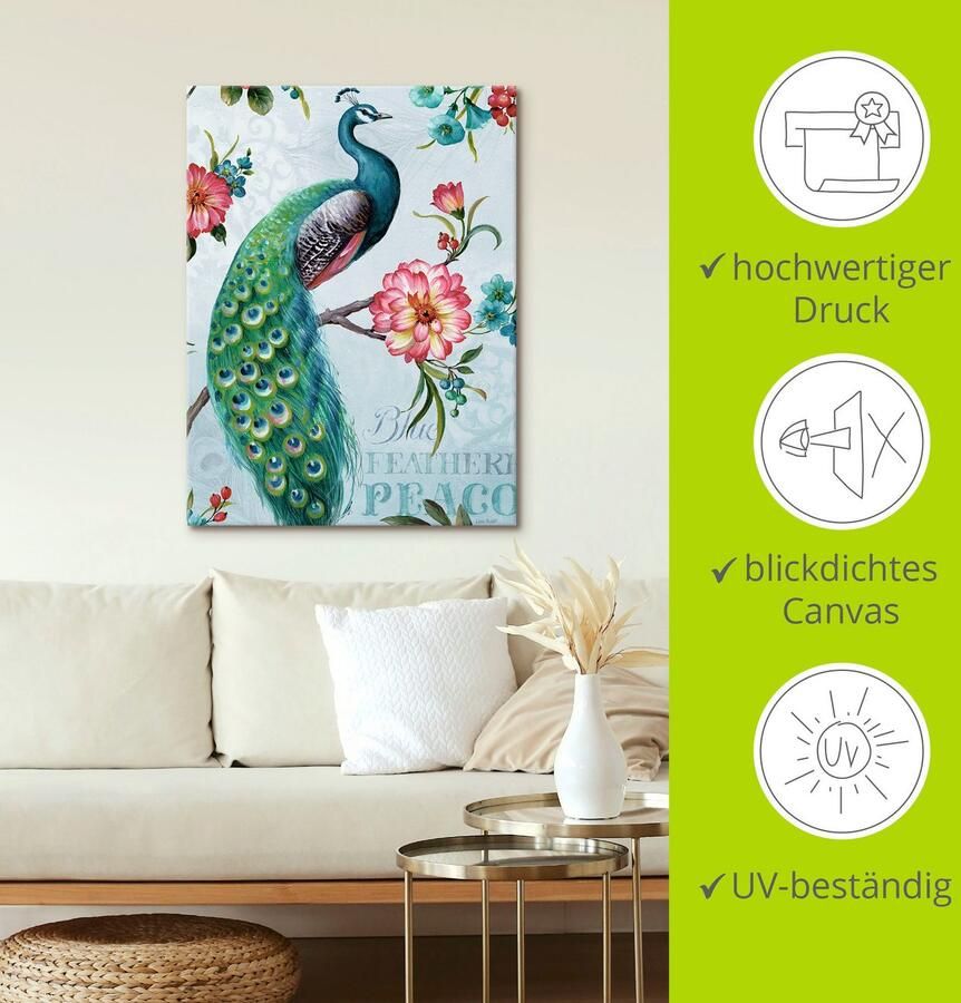 Artland Artprint Blauw gevederde pauw als artprint op linnen poster muursticker in verschillende maten - Foto 2