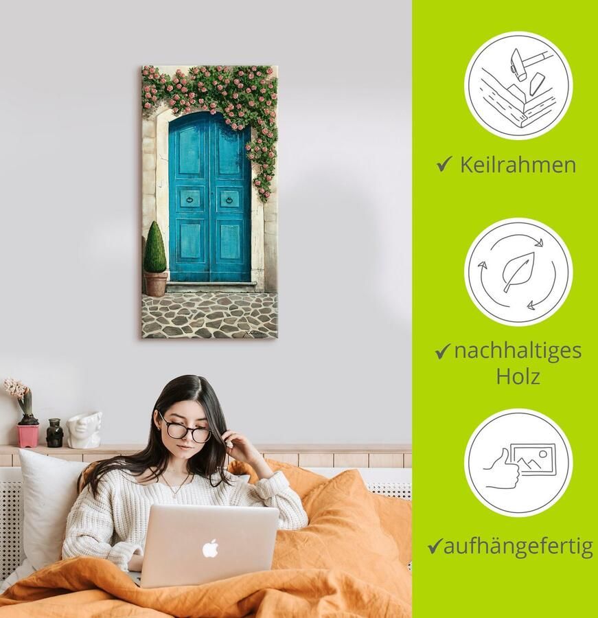 Artland Artprint Blauwe deur met klimrozen als artprint van aluminium artprint voor buiten artprint op linnen poster muursticker - Foto 3