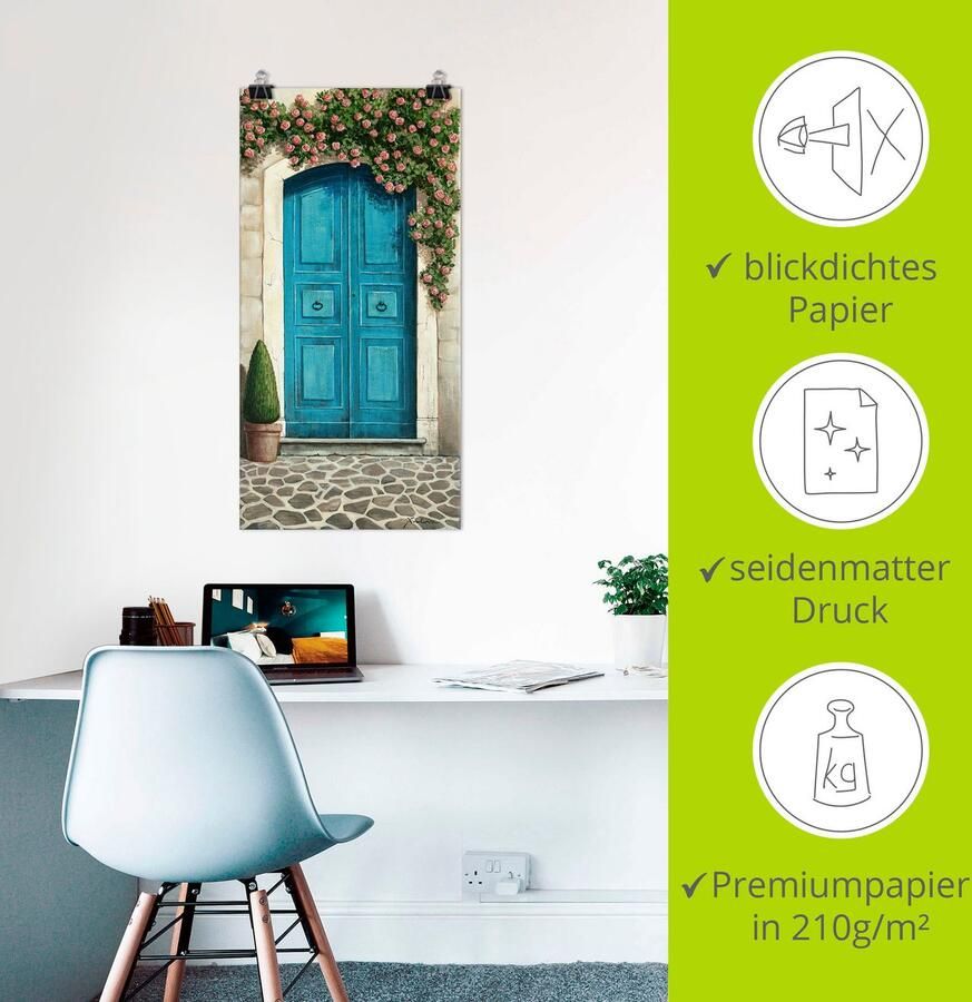 Artland Artprint Blauwe deur met klimrozen als artprint van aluminium artprint voor buiten artprint op linnen poster muursticker - Foto 2