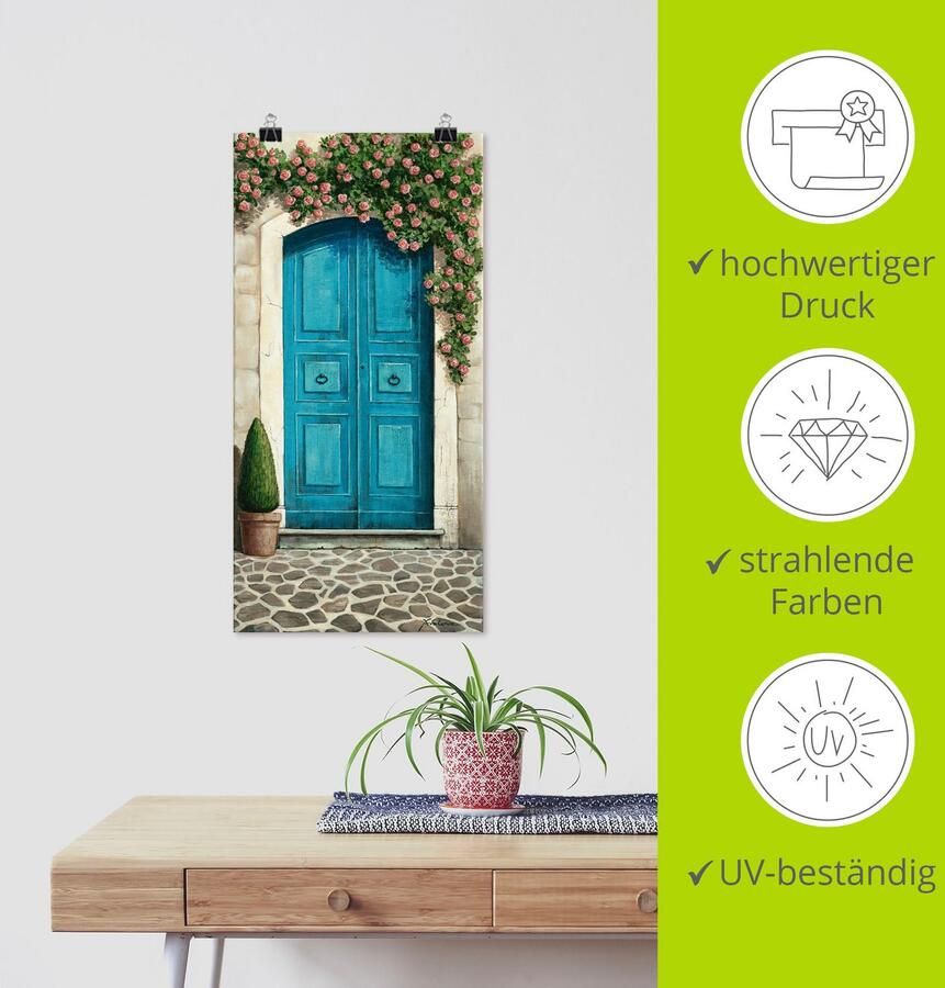 Artland Artprint Blauwe deur met klimrozen als artprint van aluminium artprint voor buiten artprint op linnen poster muursticker - Foto 3