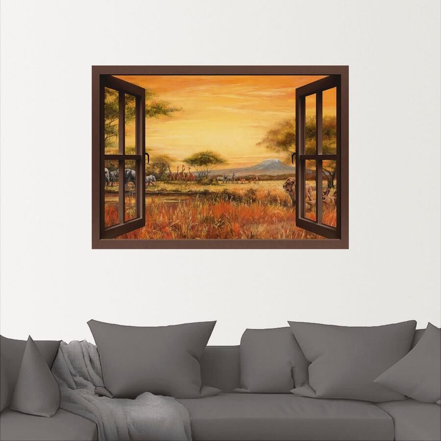 Artland Artprint Blik uit het venster Afrikaanse steppe leeuwen als artprint op linnen muursticker in verschillende maten - Foto 2