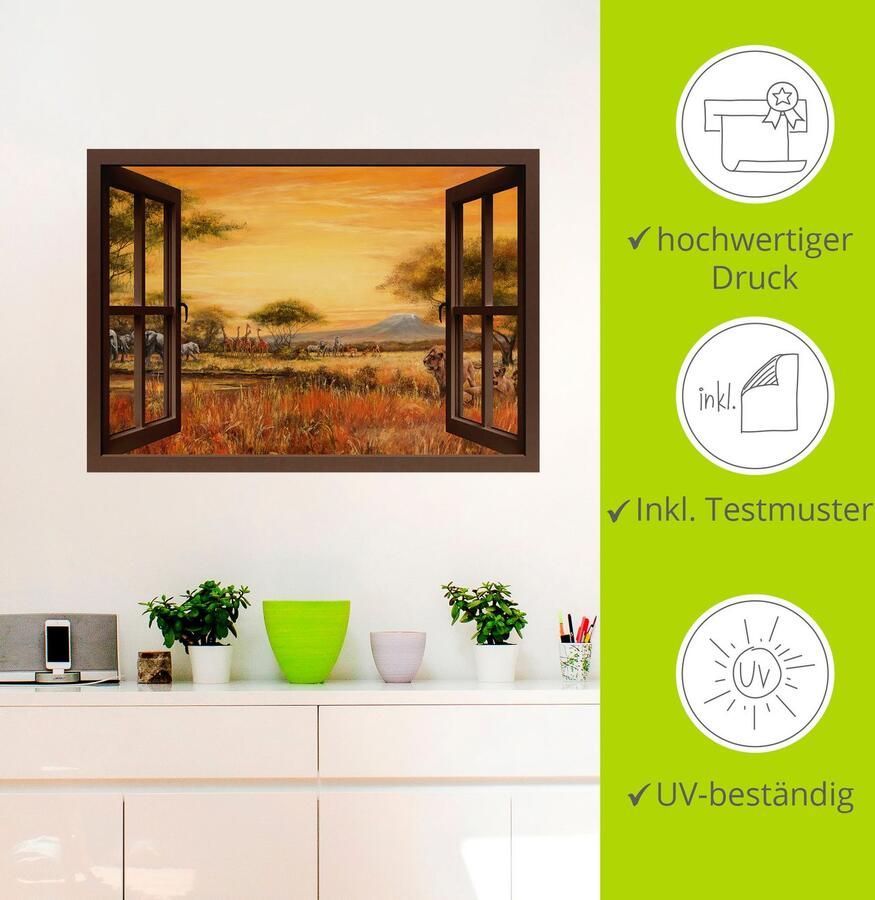 Artland Artprint Blik uit het venster Afrikaanse steppe leeuwen als artprint op linnen muursticker in verschillende maten - Foto 3