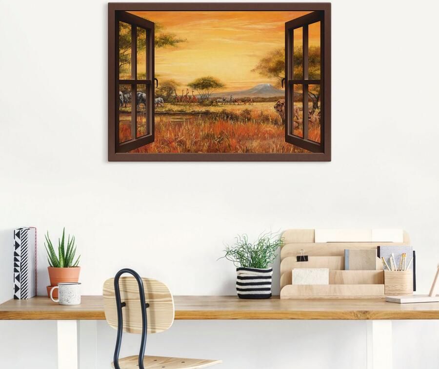 Artland Artprint op linnen Blik uit het venster Afrikaanse steppe leeuwen