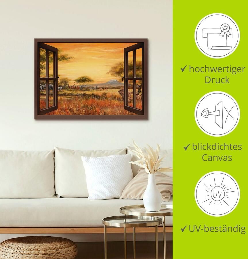 Artland Artprint Blik uit het venster Afrikaanse steppe leeuwen als artprint op linnen muursticker in verschillende maten - Foto 3