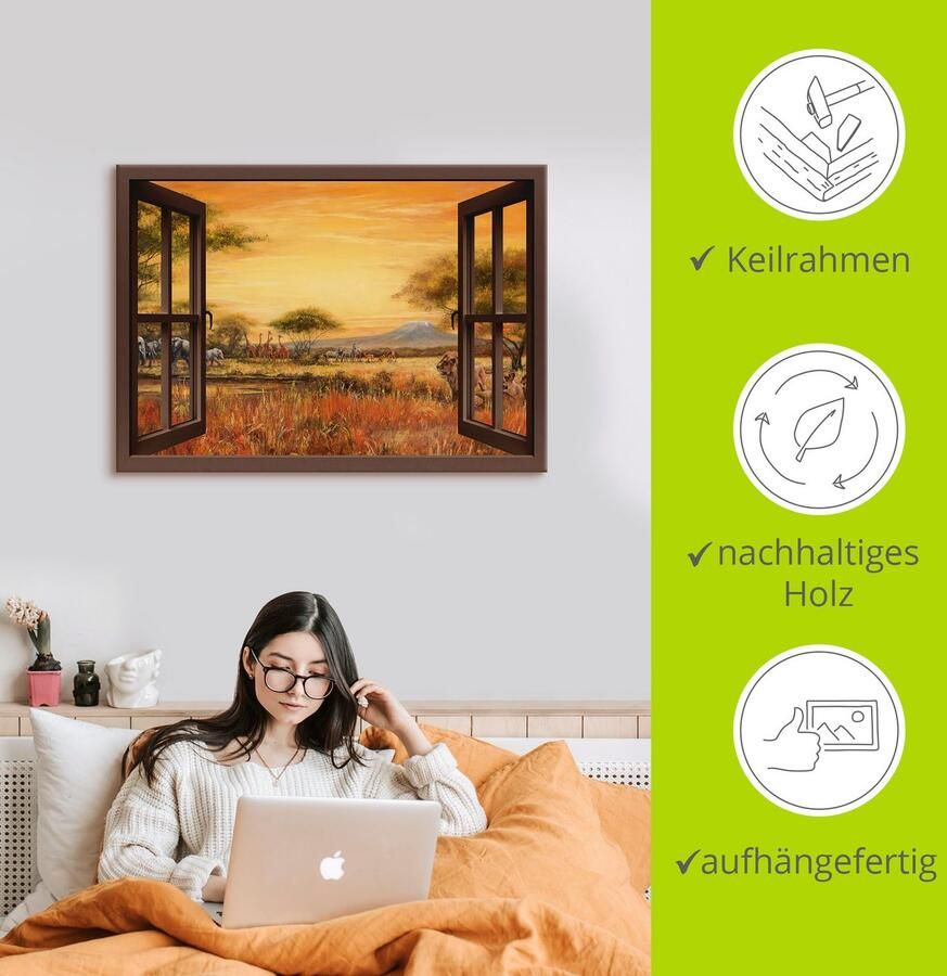 Artland Artprint Blik uit het venster Afrikaanse steppe leeuwen als artprint op linnen muursticker in verschillende maten - Foto 2