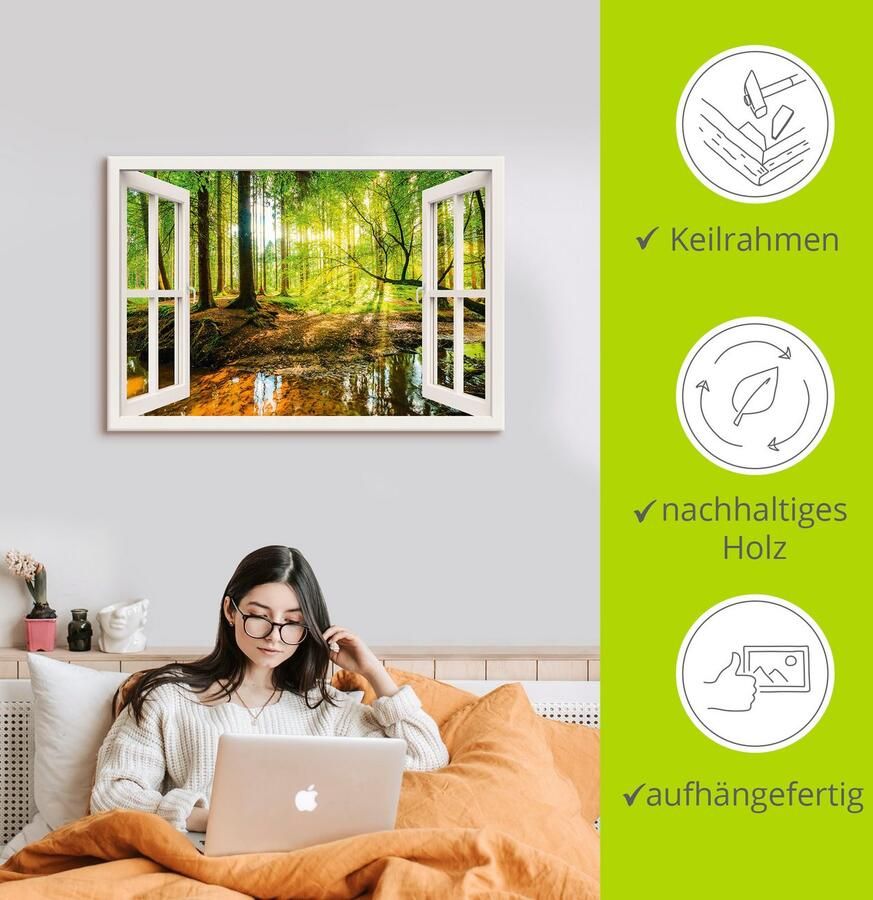 Artland Artprint Blik uit het venster bos met beek als artprint op linnen poster muursticker in verschillende maten - Foto 3