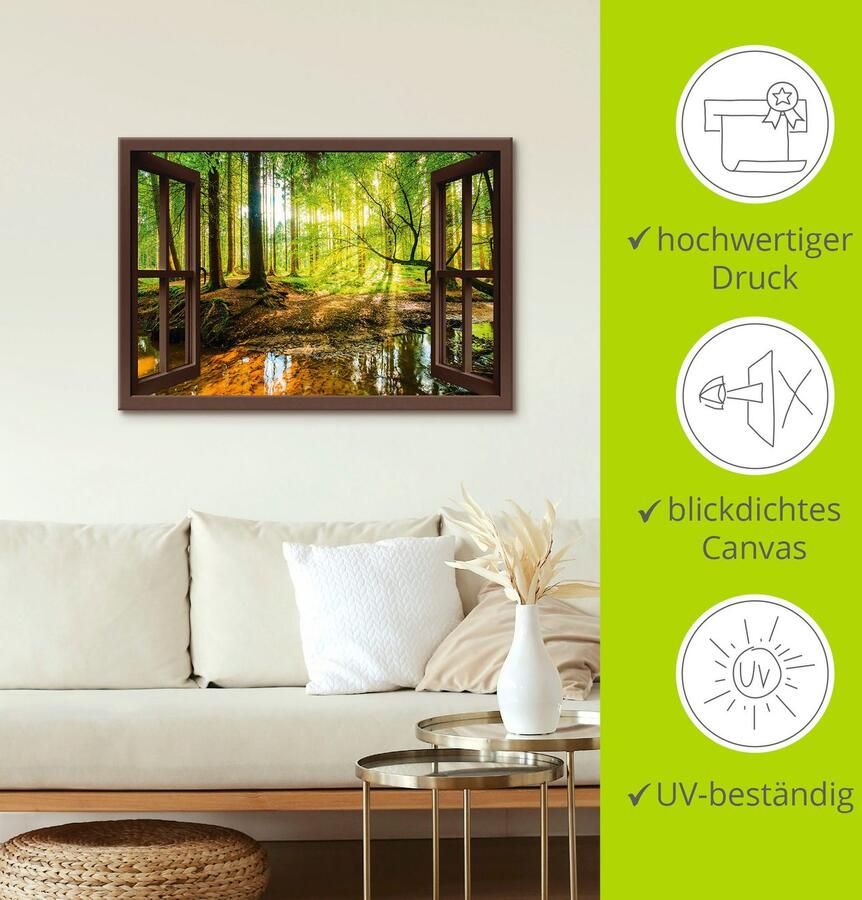 Artland Artprint Blik uit het venster bos met beek als artprint op linnen poster muursticker in verschillende maten - Foto 3