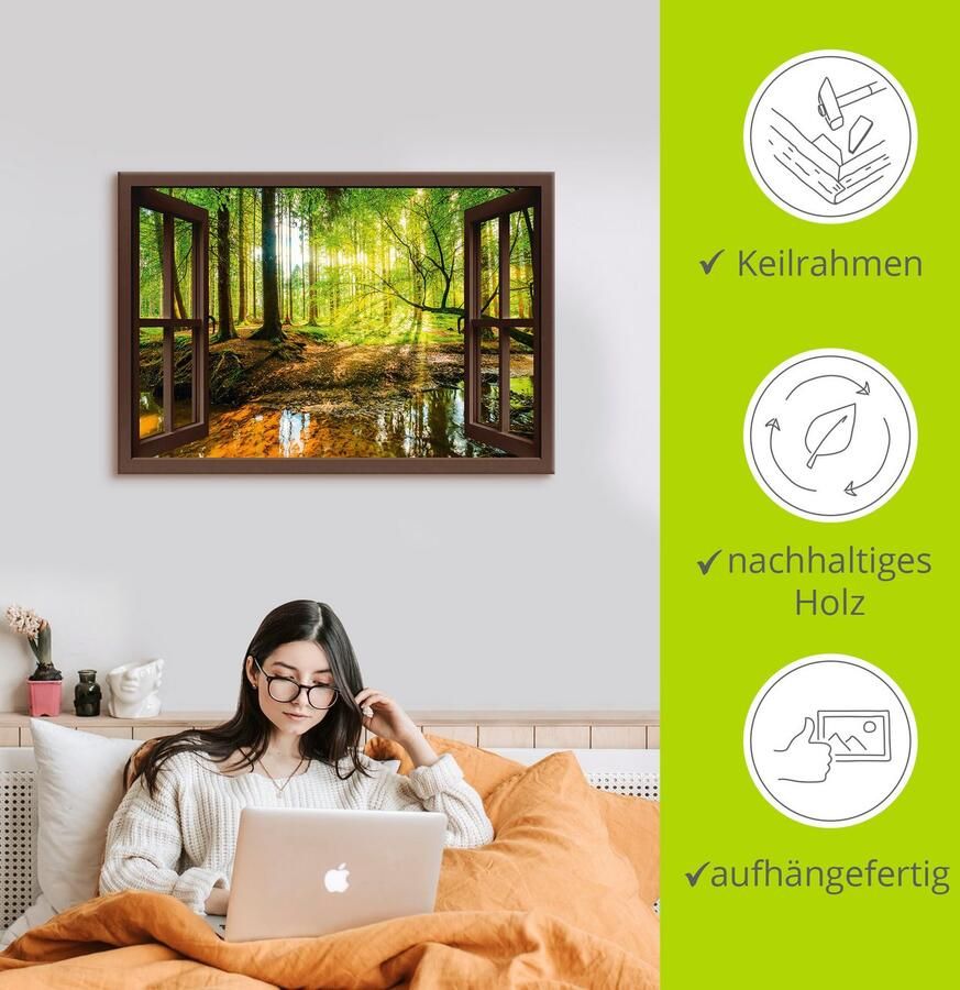 Artland Artprint Blik uit het venster bos met beek als artprint op linnen poster muursticker in verschillende maten - Foto 2