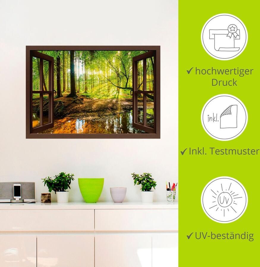 Artland Artprint Blik uit het venster bos met beek als artprint op linnen poster muursticker in verschillende maten