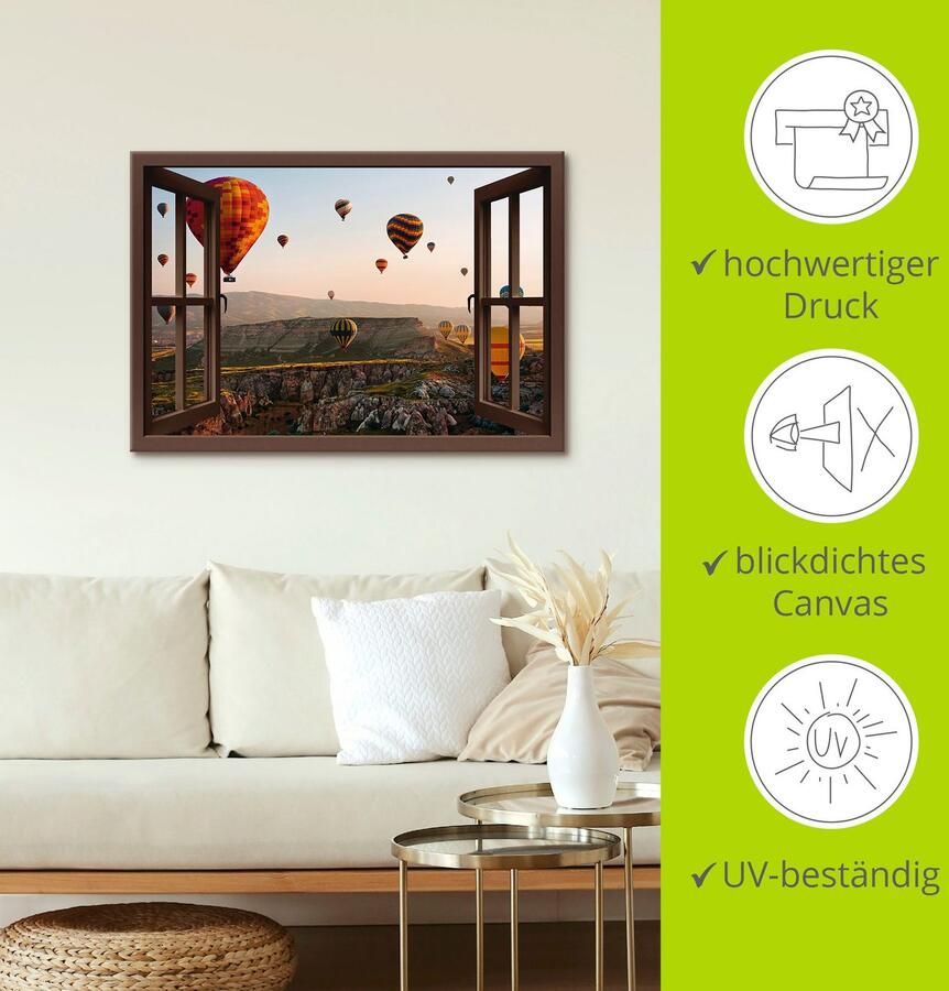 Artland Artprint Blik uit het venster Cappadocië ballonvaart als artprint op linnen poster muursticker in verschillende maten - Foto 3