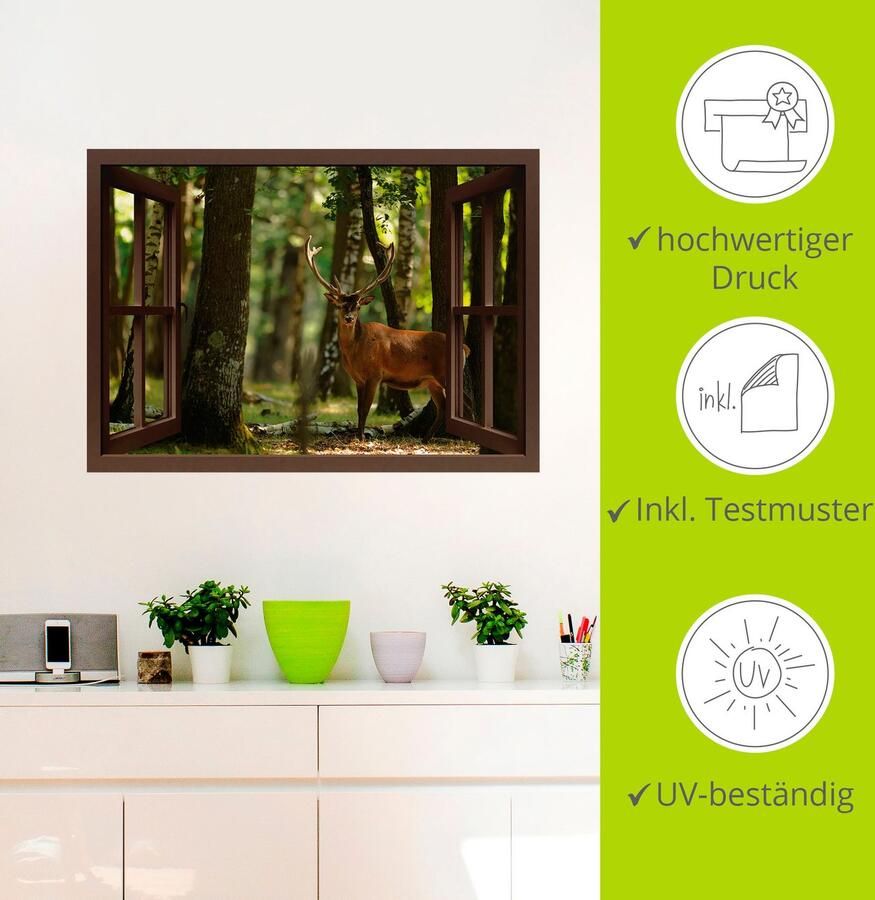 Artland Artprint Blik uit het venster edelhert 4 bos als artprint op linnen muursticker in verschillende maten - Foto 3