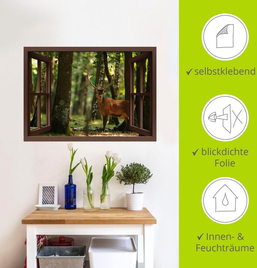 Artland Artprint Blik uit het venster edelhert 4 bos als artprint op linnen muursticker in verschillende maten - Foto 4
