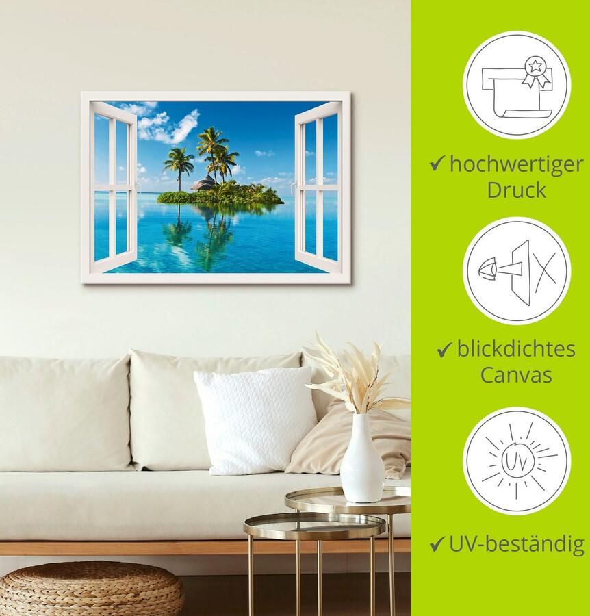 Artland Artprint Blik uit het venster eiland palmen zee als artprint op linnen poster muursticker in verschillende maten - Foto 3