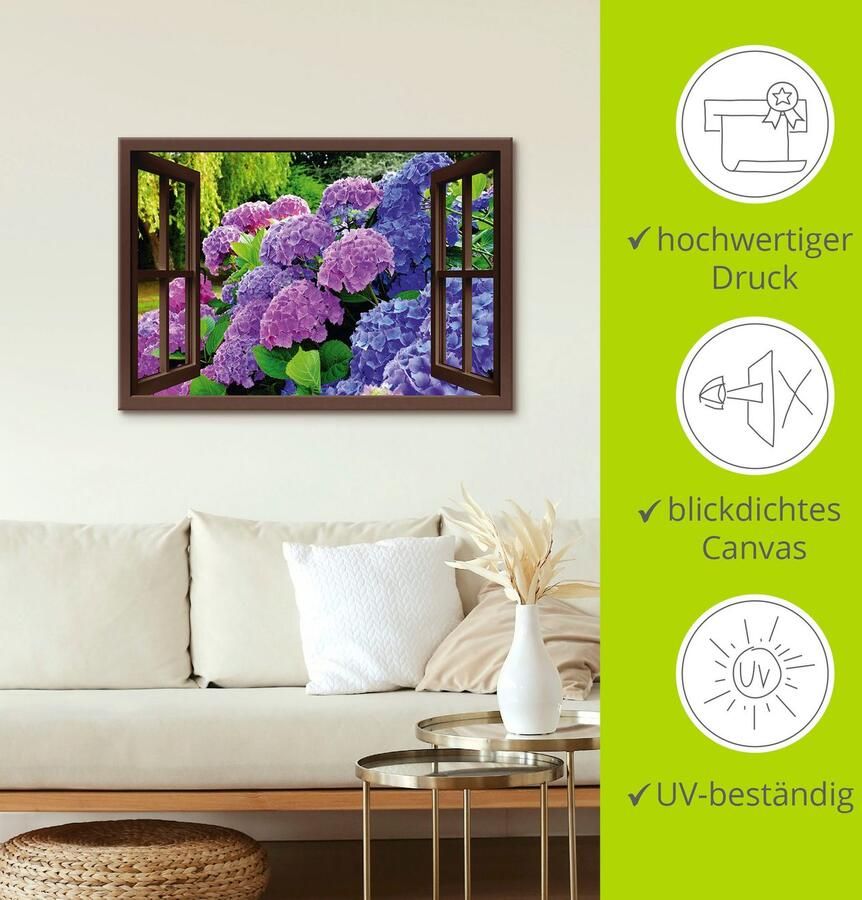 Artland Artprint Blik uit het venster hortensia's in de tuin als artprint op linnen poster in verschillende formaten maten - Foto 3