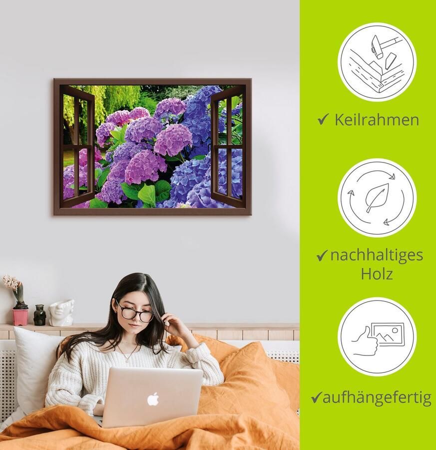 Artland Artprint Blik uit het venster hortensia's in de tuin als artprint op linnen poster in verschillende formaten maten - Foto 2