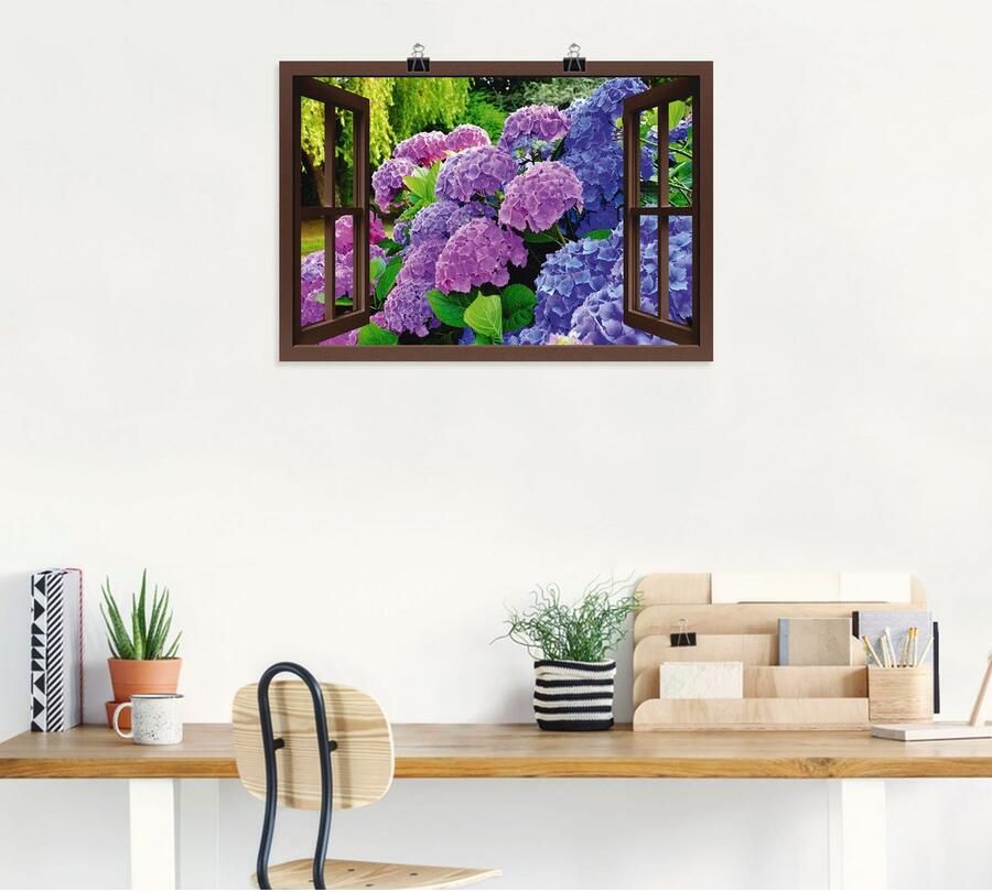 Artland Artprint Blik uit het venster hortensia's in de tuin als artprint op linnen poster in verschillende formaten maten - Foto 4