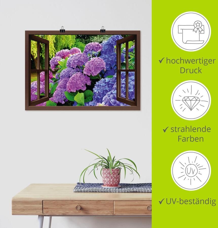 Artland Artprint Blik uit het venster hortensia's in de tuin als artprint op linnen poster in verschillende formaten maten - Foto 3
