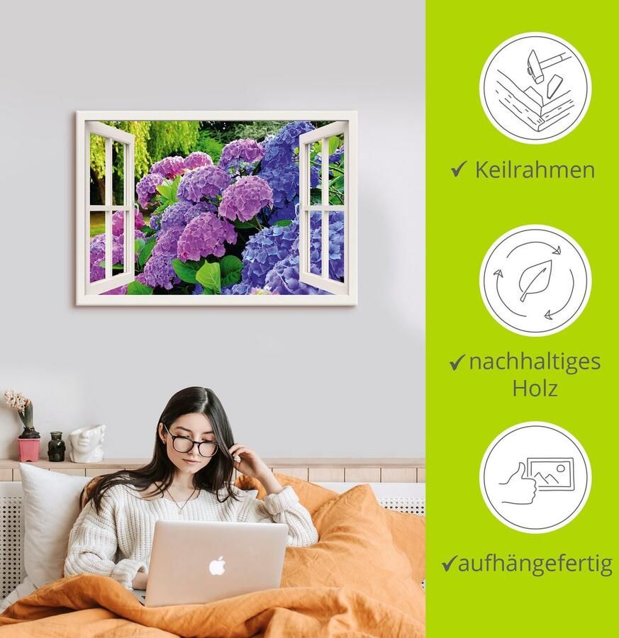 Artland Artprint Blik uit het venster hortensia's in de tuin als artprint op linnen poster in verschillende formaten maten - Foto 2