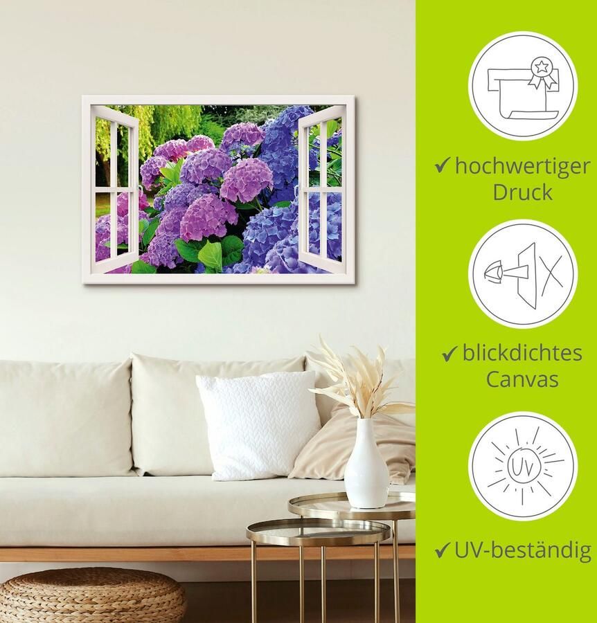 Artland Artprint Blik uit het venster hortensia's in de tuin als artprint op linnen poster in verschillende formaten maten - Foto 3