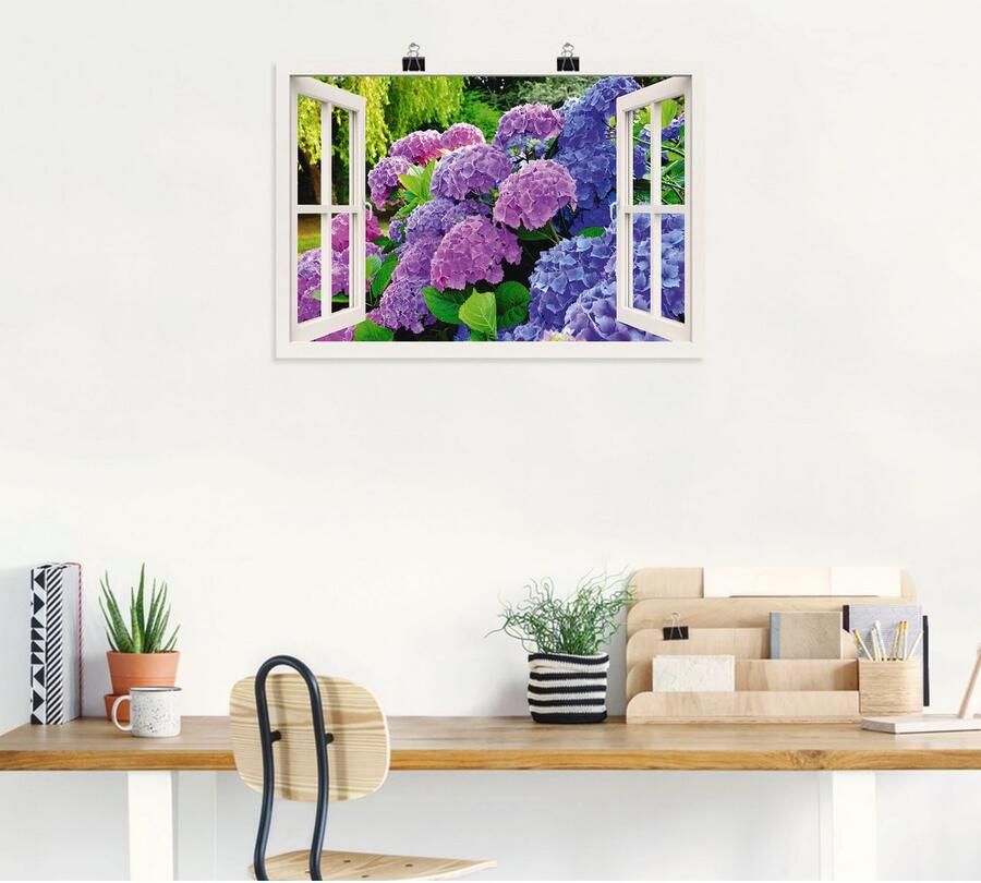 Artland Artprint Blik uit het venster hortensia's in de tuin als artprint op linnen poster in verschillende formaten maten - Foto 4
