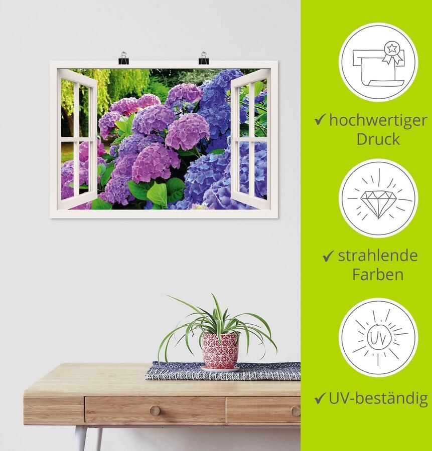 Artland Artprint Blik uit het venster hortensia's in de tuin als artprint op linnen poster in verschillende formaten maten - Foto 3