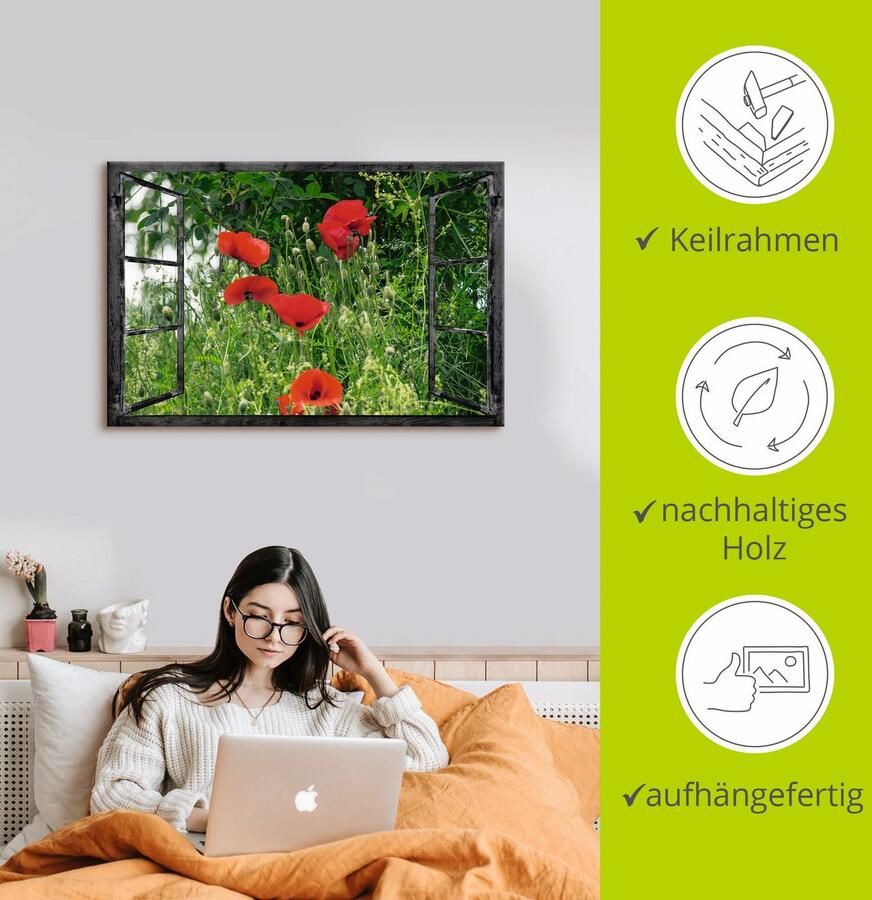 Artland Artprint Blik uit het venster klaproos als artprint van aluminium artprint voor buiten artprint op linnen in verschillende maten