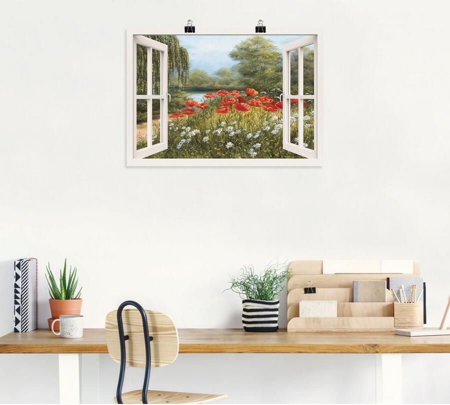 Artland Artprint Blik uit het venster klaproosweide als artprint op linnen poster in verschillende formaten maten - Foto 5