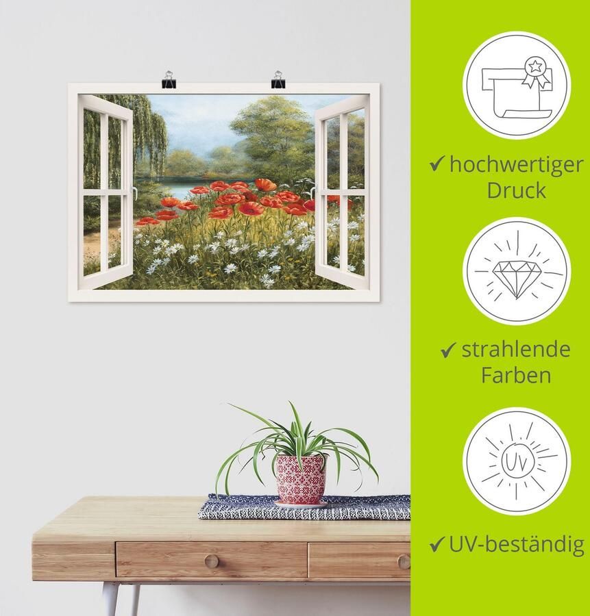 Artland Artprint Blik uit het venster klaproosweide als artprint op linnen poster in verschillende formaten maten - Foto 4