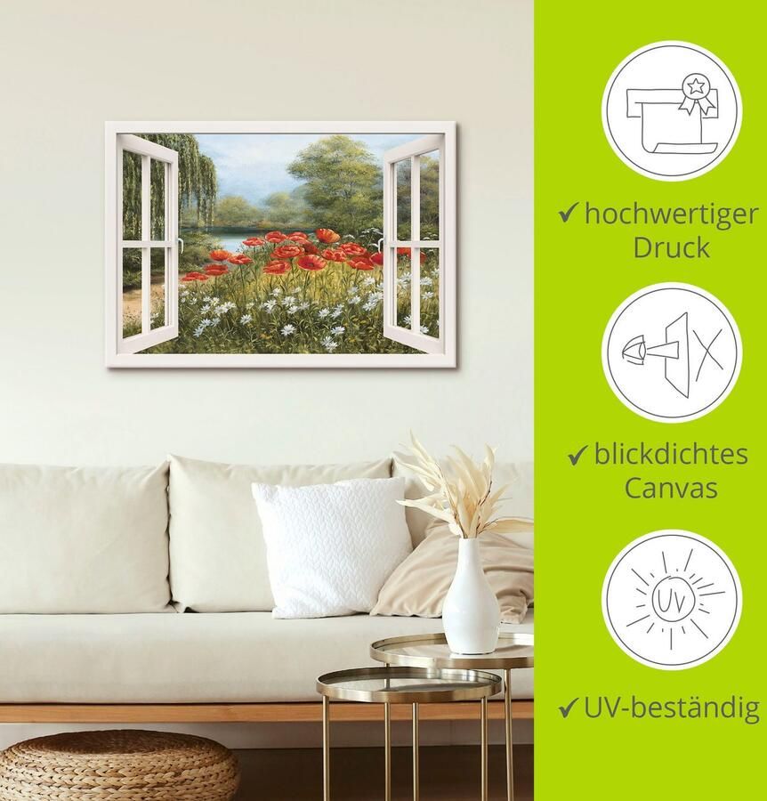 Artland Artprint Blik uit het venster klaproosweide als artprint op linnen poster in verschillende formaten maten - Foto 3
