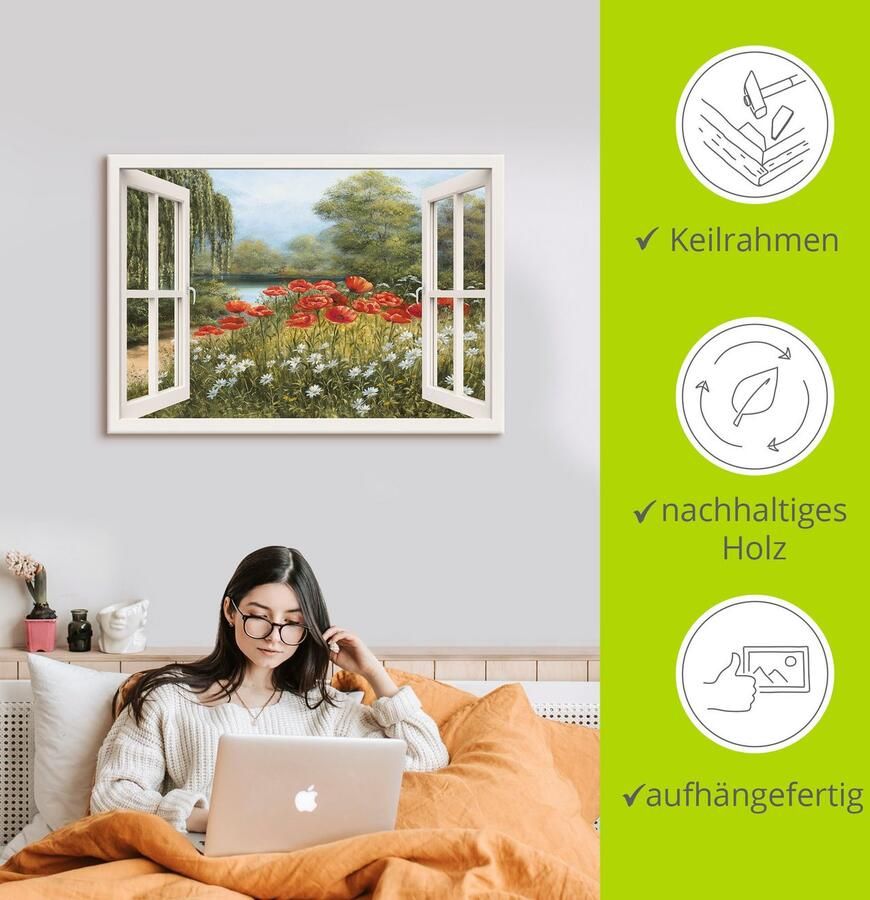 Artland Artprint Blik uit het venster klaproosweide als artprint op linnen poster in verschillende formaten maten - Foto 2